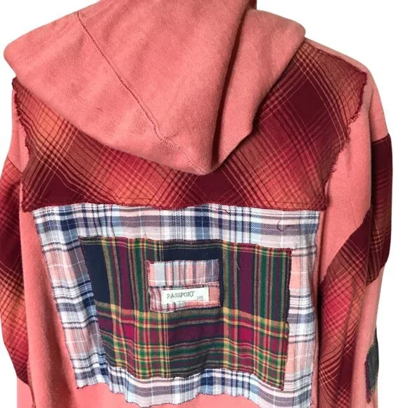 Coral Patchwork Upcycled Hoodie, Size M-L: Boho Cottagecore Zip-Up Jacket - Picture 11 of 15